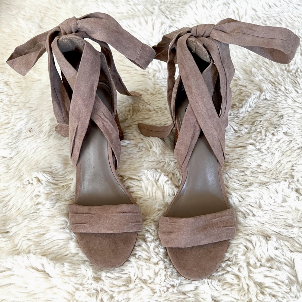 Taupe microsuede wood stacked pumps